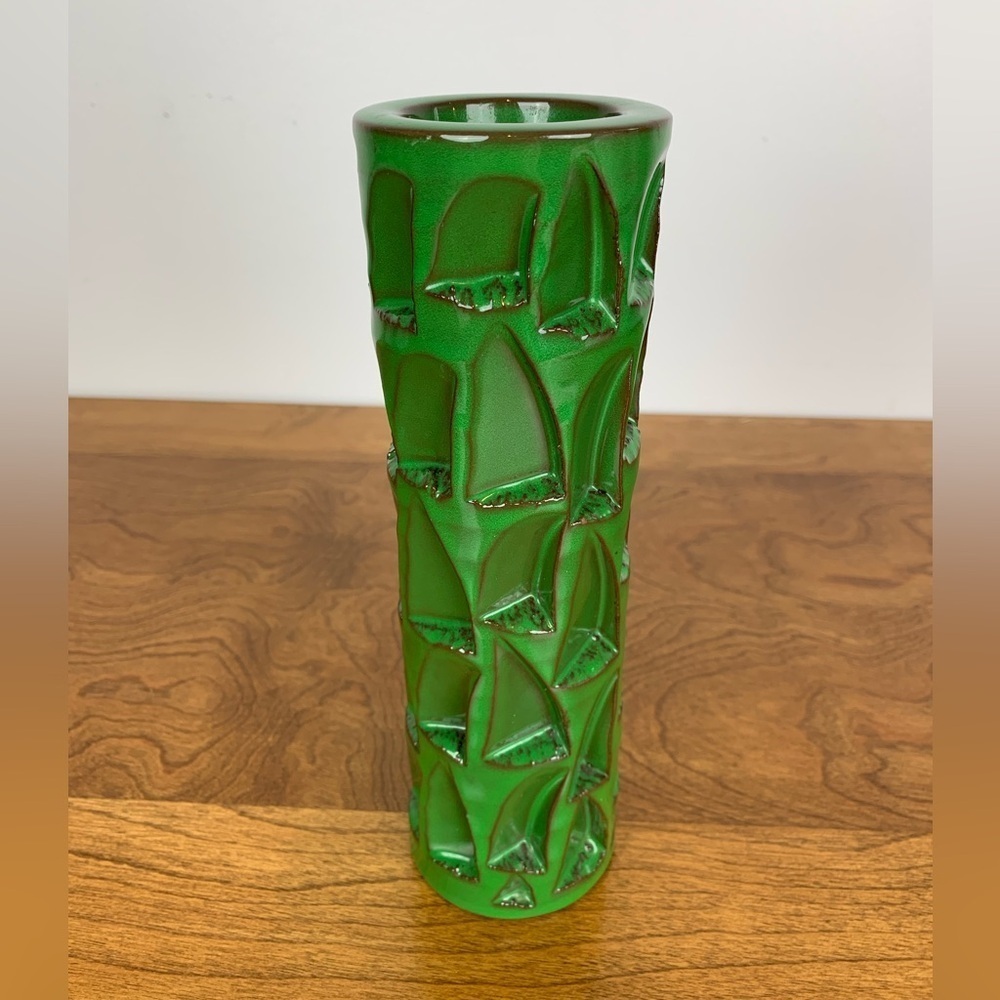 Signed Japanese Emerald Green Vase Textured Indented Stamped Heavy Vtg OOAK